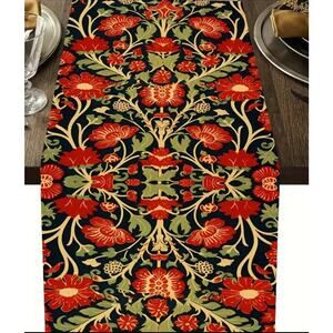 Red Floral Table Runner 13X72" W Morris Cottagecore Garden Traditional Botanical